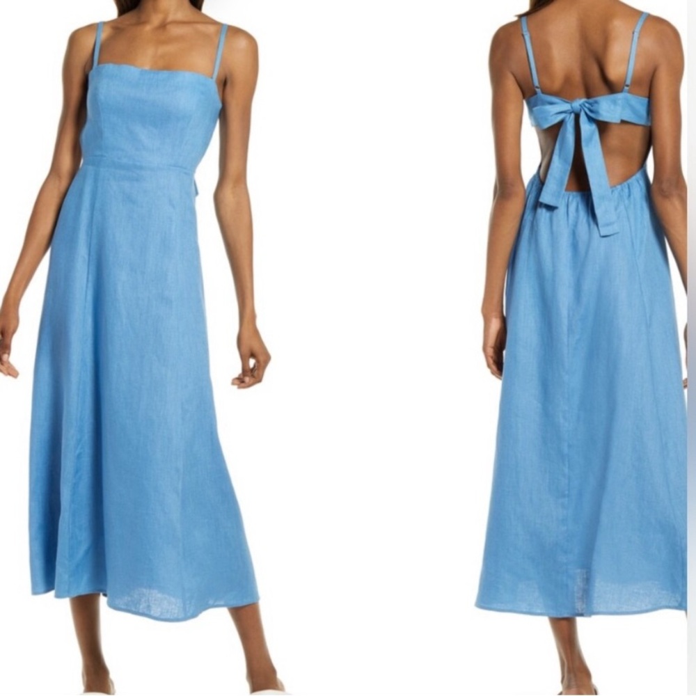 Reformation Starfruit Linen Dress in Parisian Blue Dusk Midi